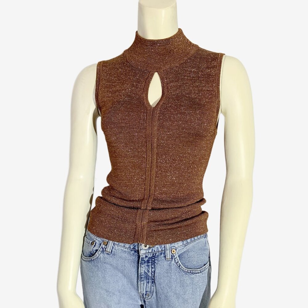 Vintage Y2K Bronze Brown Knit Sleeveless Top with Metallic Gold Thread / Small - Picture 3 of 11
